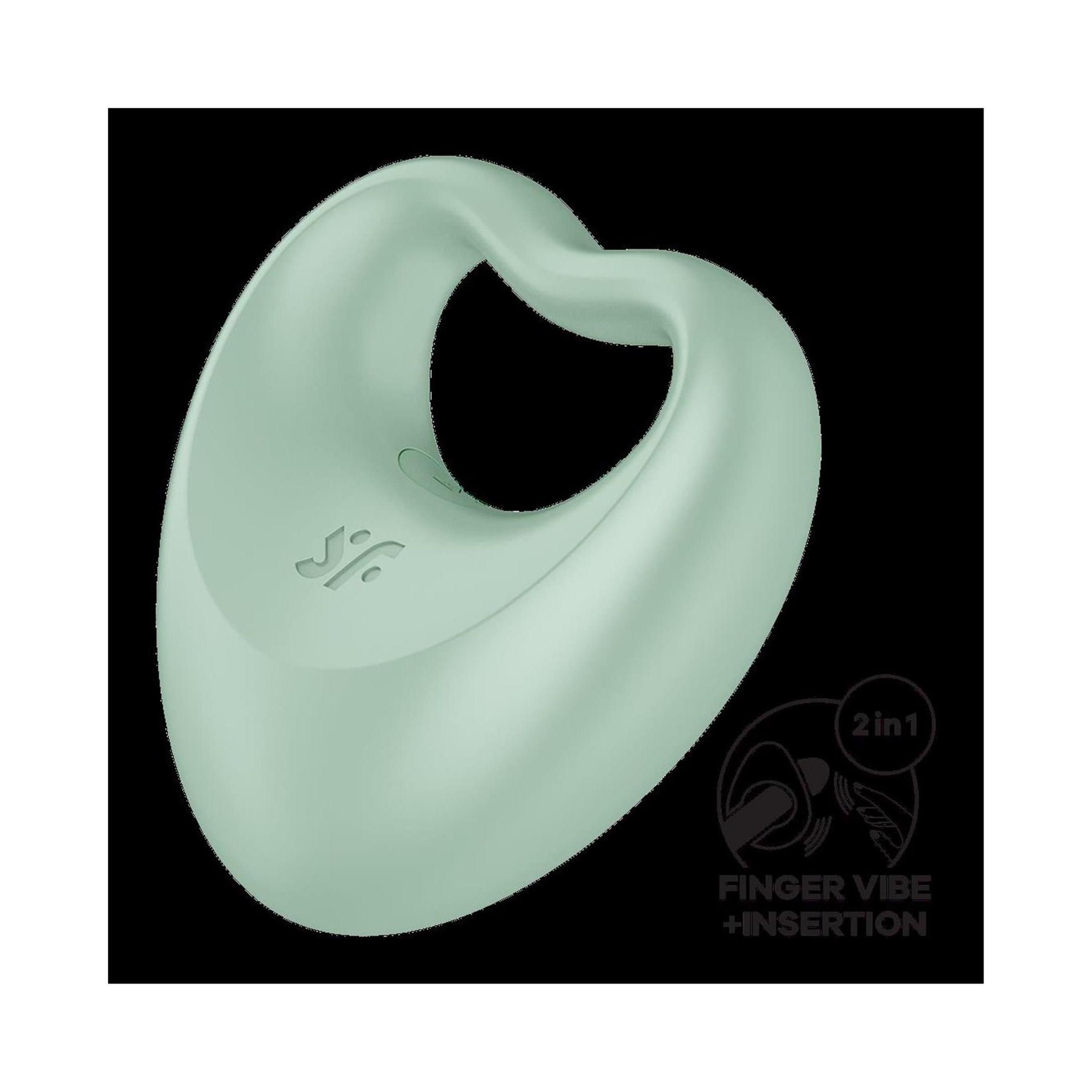 Anello per il pene color menta con vibratore per dita. A forma di cuore con apertura. Logo e funzione 2 in 1.
