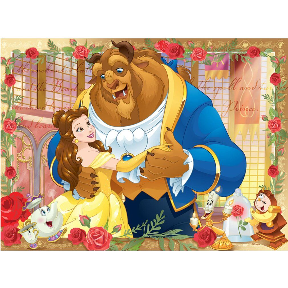 Puzzle con Belle e la Bestia. Belle balla con la Bestia. Sono raffigurate anche rose e altri personaggi.