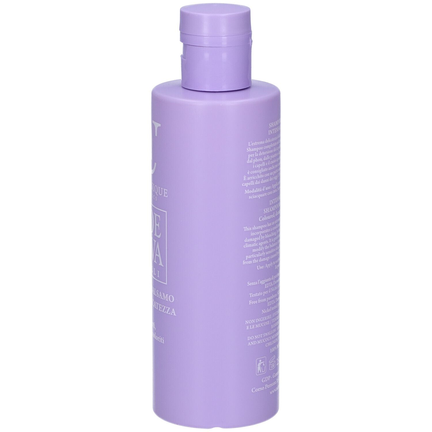 Flacone viola di shampoo & balsamo. Scritta: Natur Unique Cosmetics, Aloe Attiva Capelli, Intensa Delicatezza. Testo sul retro. Per capelli colorati.