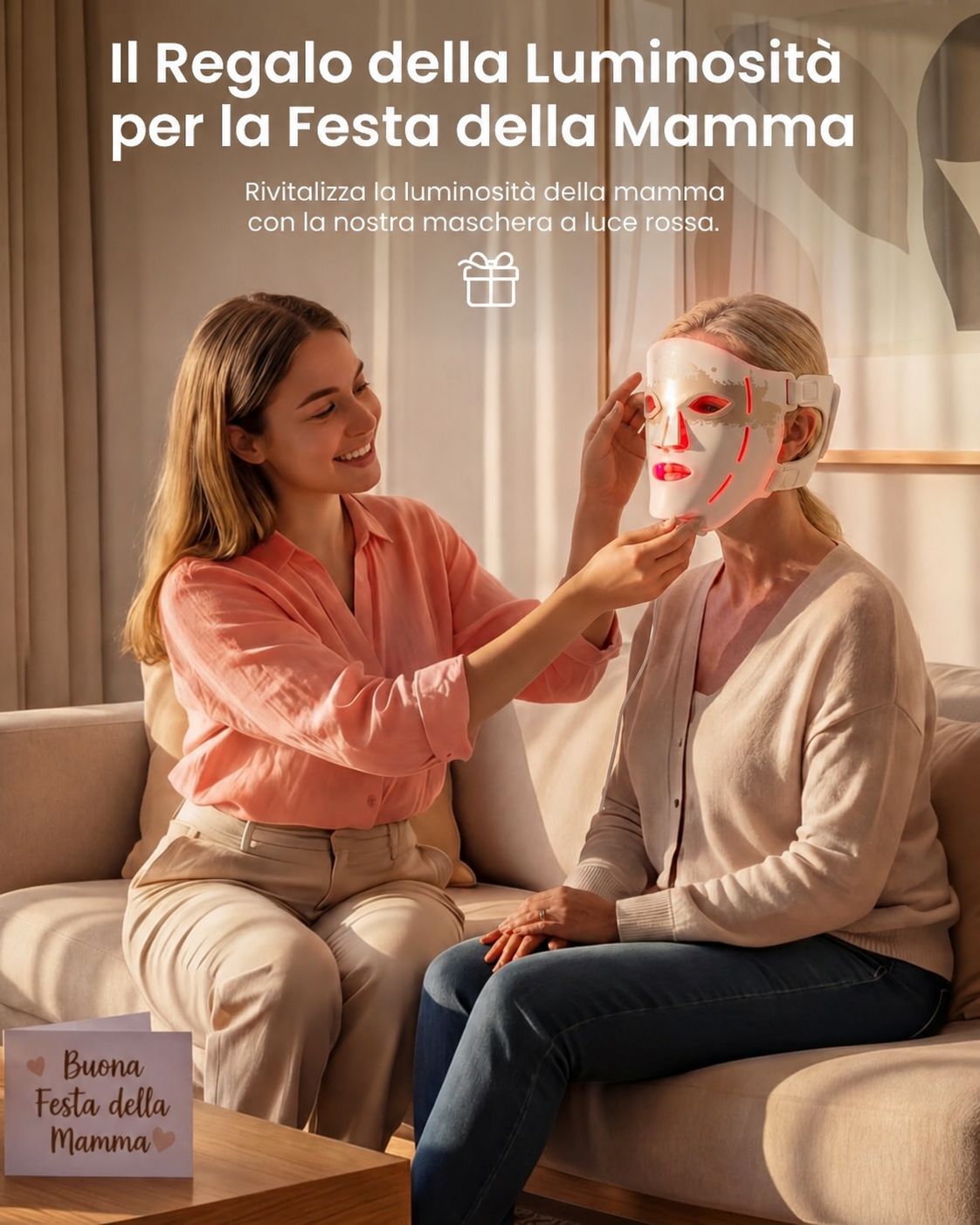 Donna che aiuta un'altra a indossare una maschera facciale. Luce rossa. Confezione regalo con scritta.