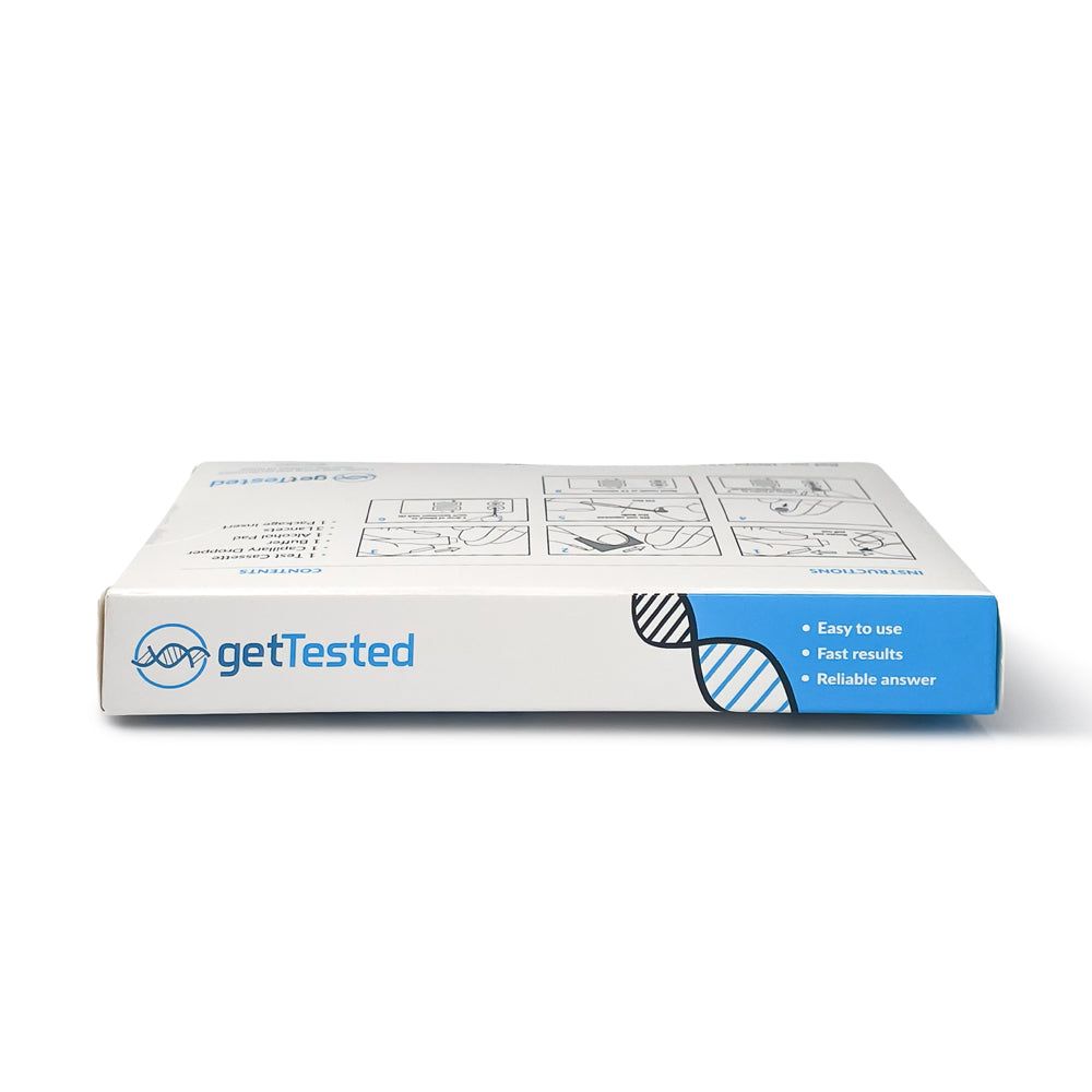 Confezione del test GetTested Herpes, piatta. Contiene informazioni sui virus herpes simplex. Con logo e testo.