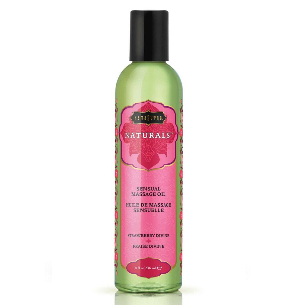 Flacone verde con tappo nero. Etichetta rosa con "Kama Sutra Naturals" e "Sensual Massage Oil". Olio per massaggi.