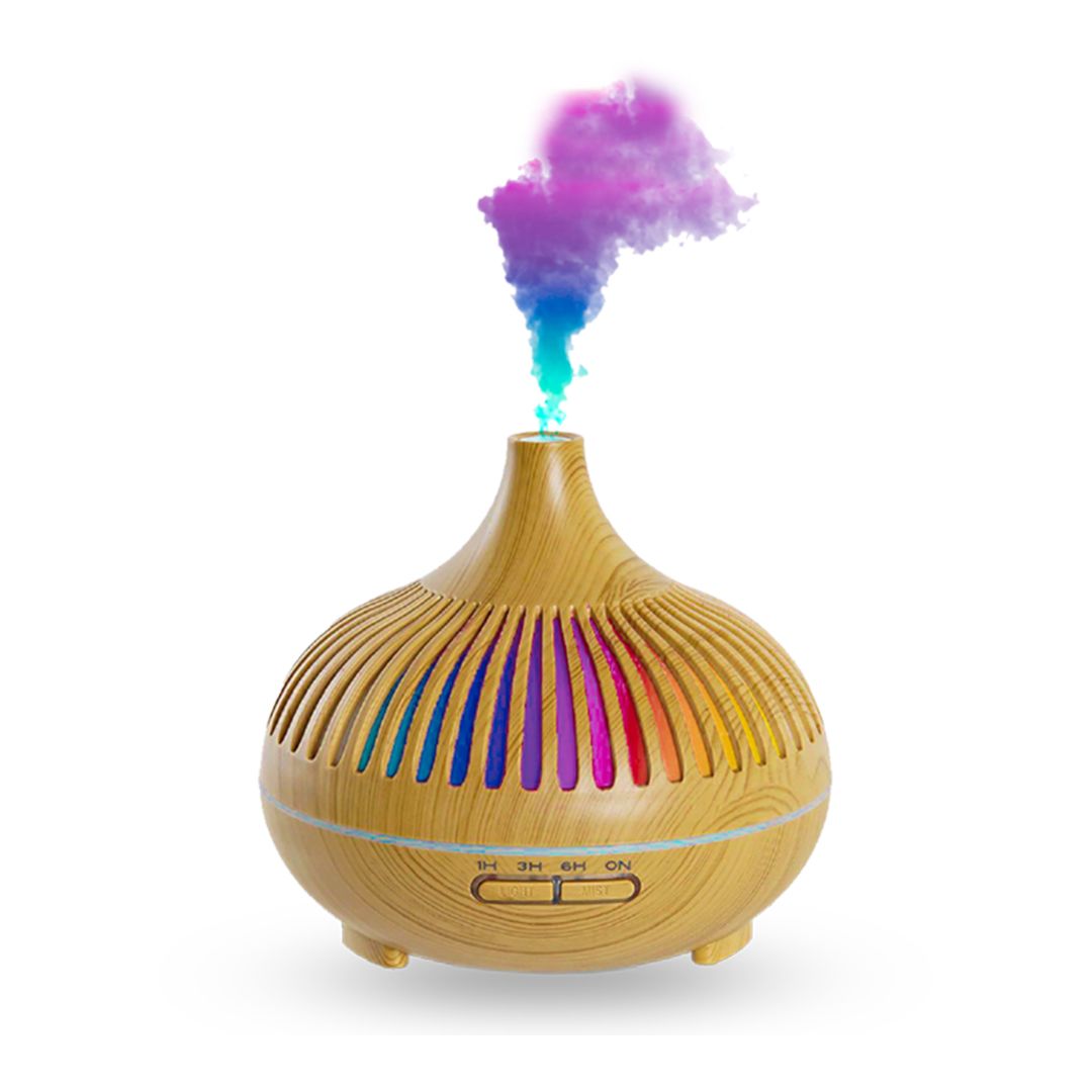 Diffusore d'aroma color legno con luci LED colorate e una nuvola di vapore viola e blu.