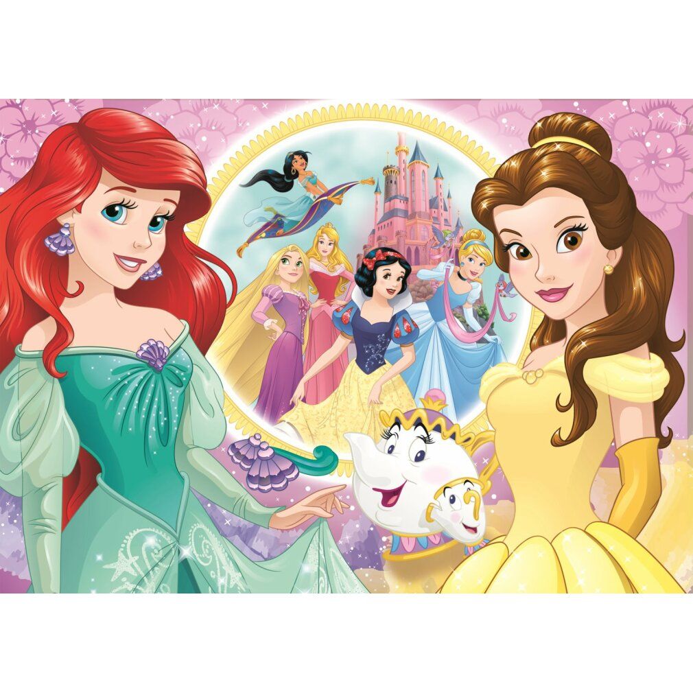 Scatola puzzle Disney Princess. Ariel e Belle raffigurate. 100 pezzi, effetto glitter. Età consigliata: 5+