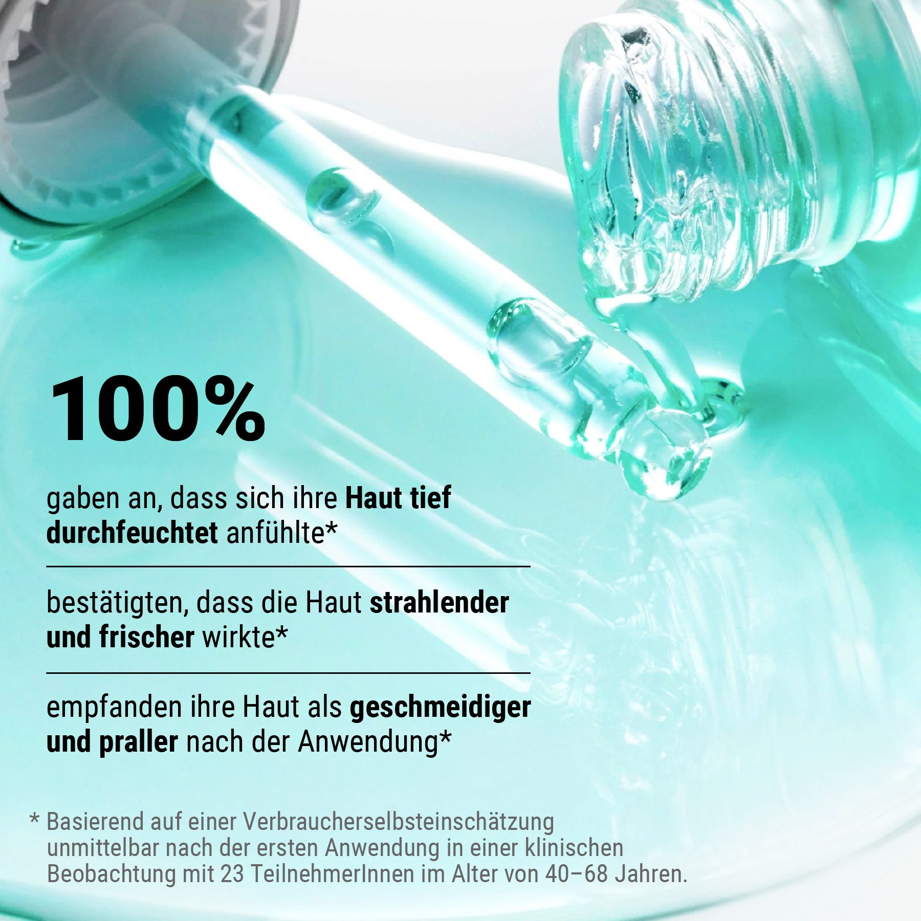 Pipetta con siero. Scritta: 100%. Testo: La pelle è profondamente idratata, la pelle è più luminosa, la pelle è più liscia.