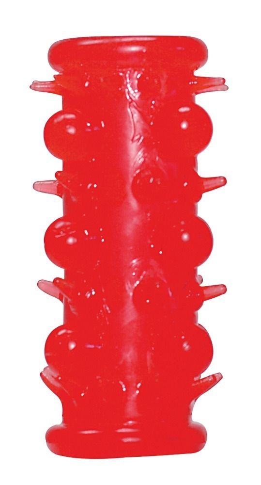 Cilindro vibratore rosso con borchie e anelli.