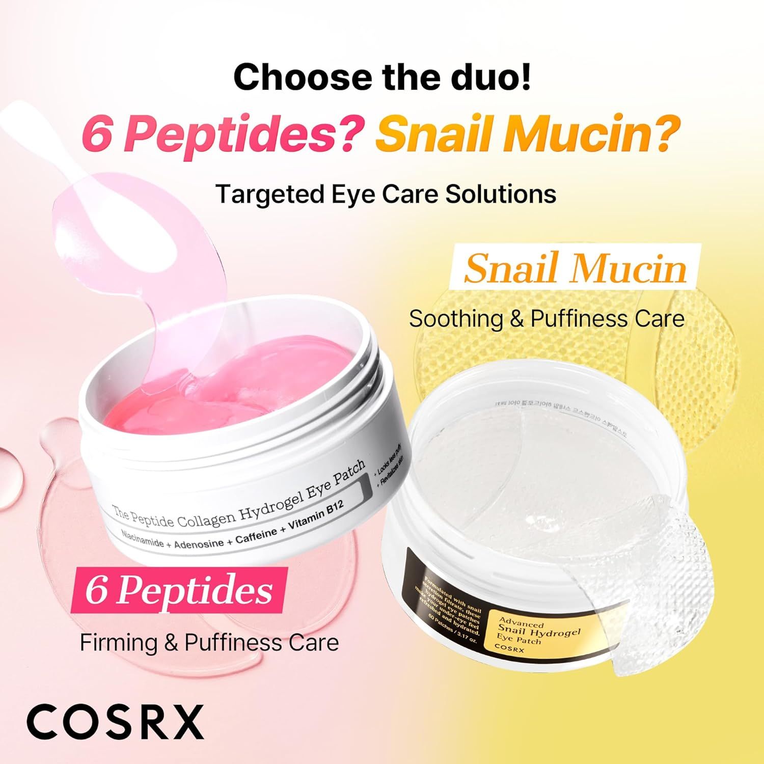 Due prodotti per la cura degli occhi. Un cerotto per gli occhi rosa e una maschera per gli occhi trasparente. Testo: 6 peptidi, Snail Mucin.