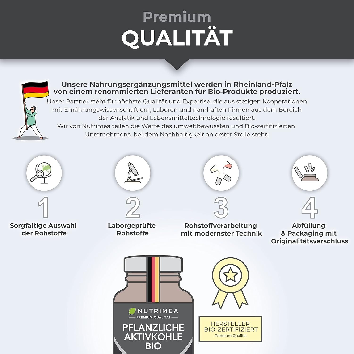 Grafico: Qualità Premium. Passaggi: selezione delle materie prime, test di laboratorio, lavorazione, confezionamento. Con certificazione BIO.