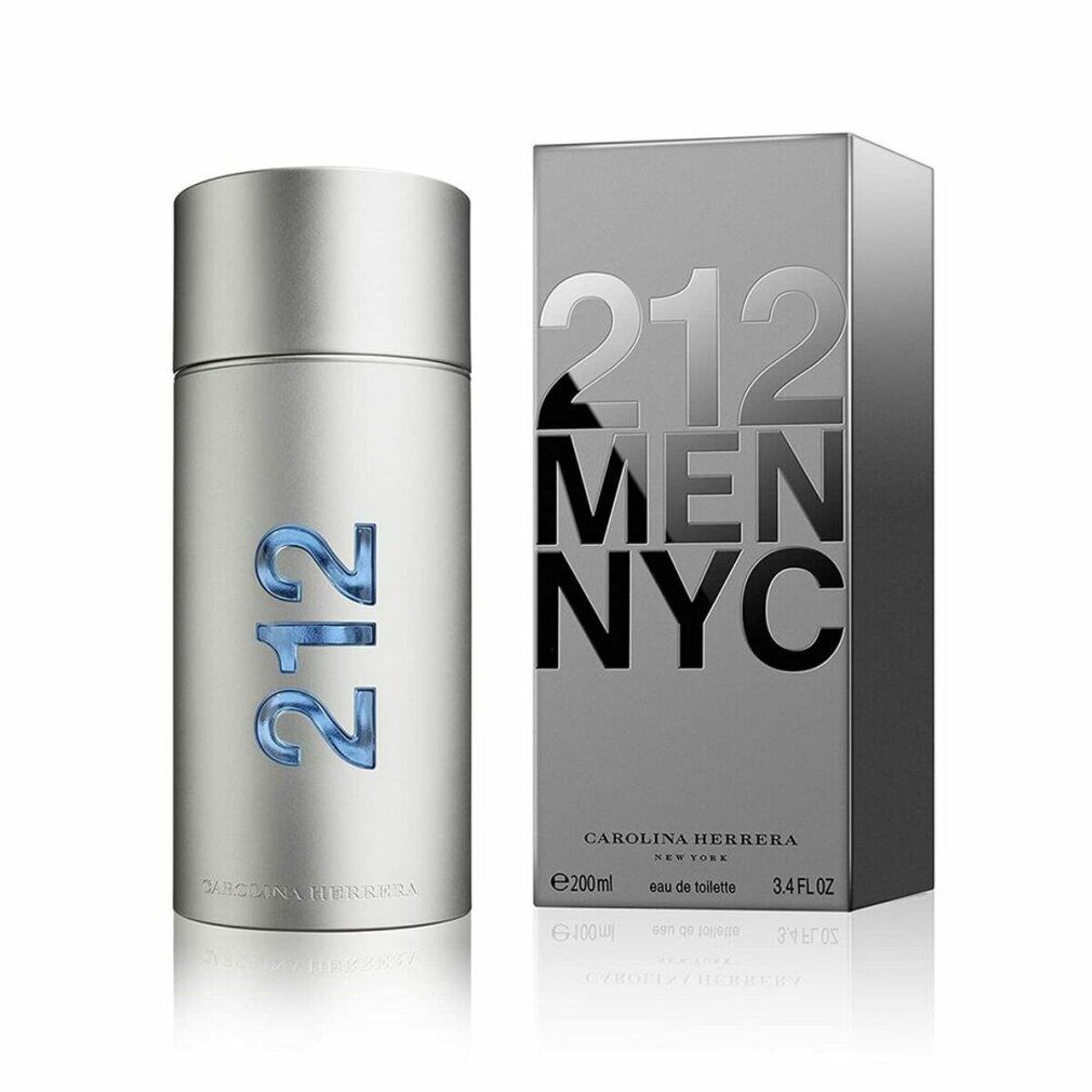 Flacone argentato e scatola grigia. Scritta "212 MEN NYC" e "Carolina Herrera". "212" blu sul flacone.