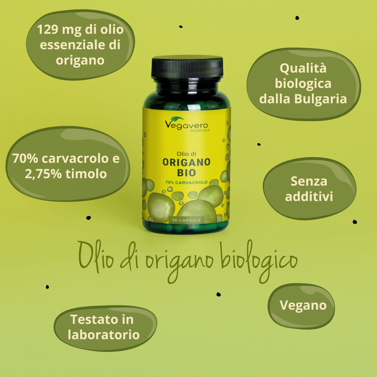 Flacone verde Oregano Öl BIO con testo. Ulteriori informazioni in fumetti. Vegano, testato in laboratorio, produzione tedesca.