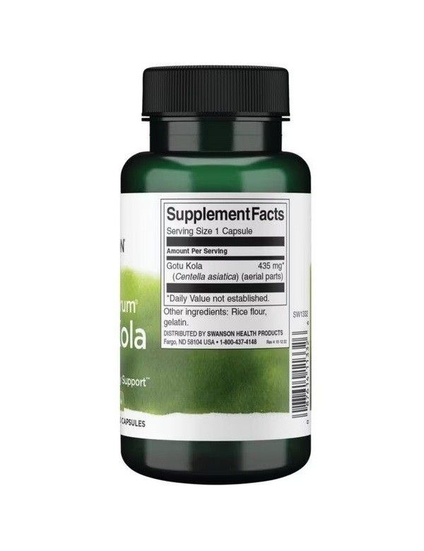 Retro di un flacone verde. Etichetta con informazioni nutrizionali e ingredienti: Gotu Kola, gelatina.