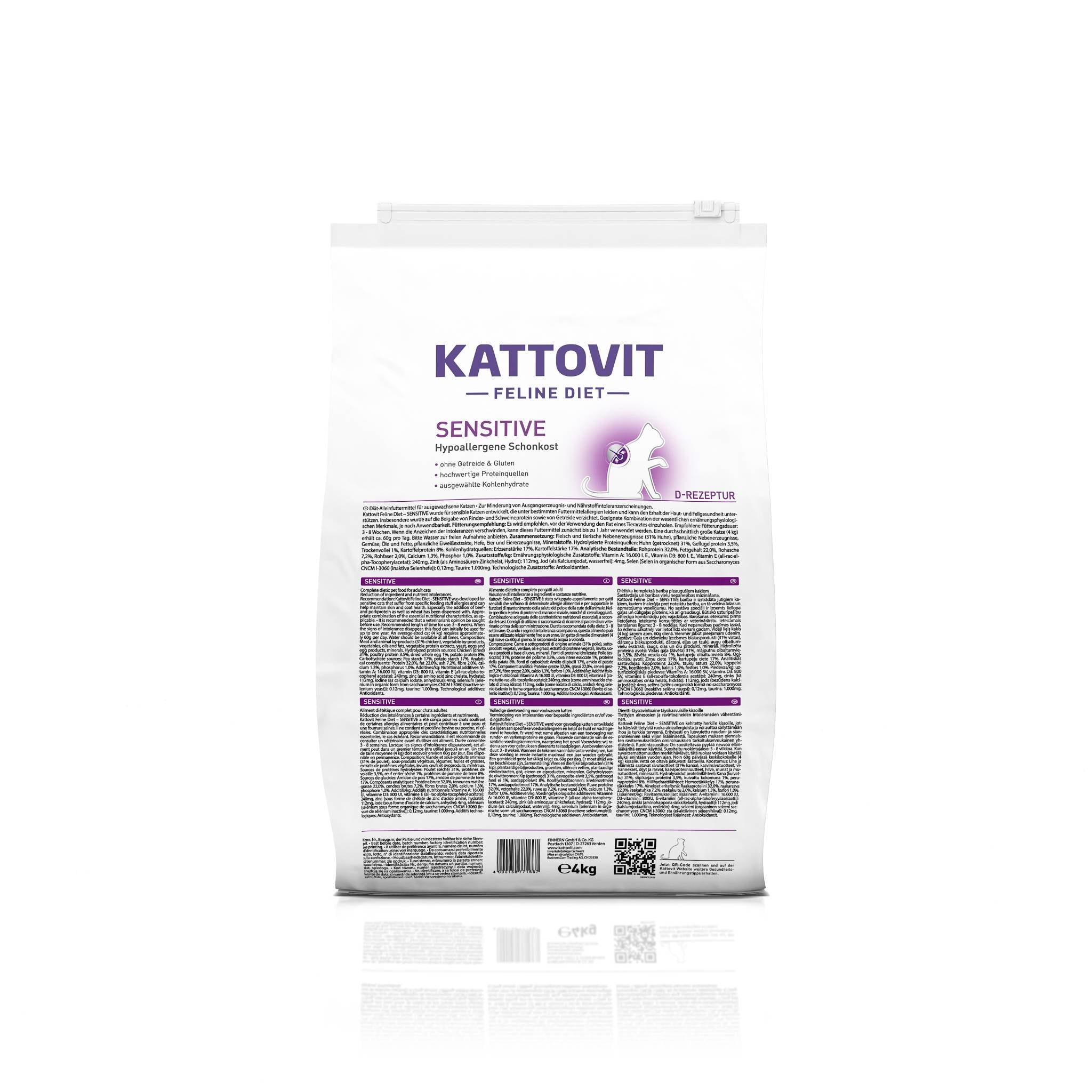 Confezione di KATTOVIT Sensitive Trockenfutter. Sacchetto bianco con dettagli viola. Nome del prodotto e logo visibili. 4 kg.