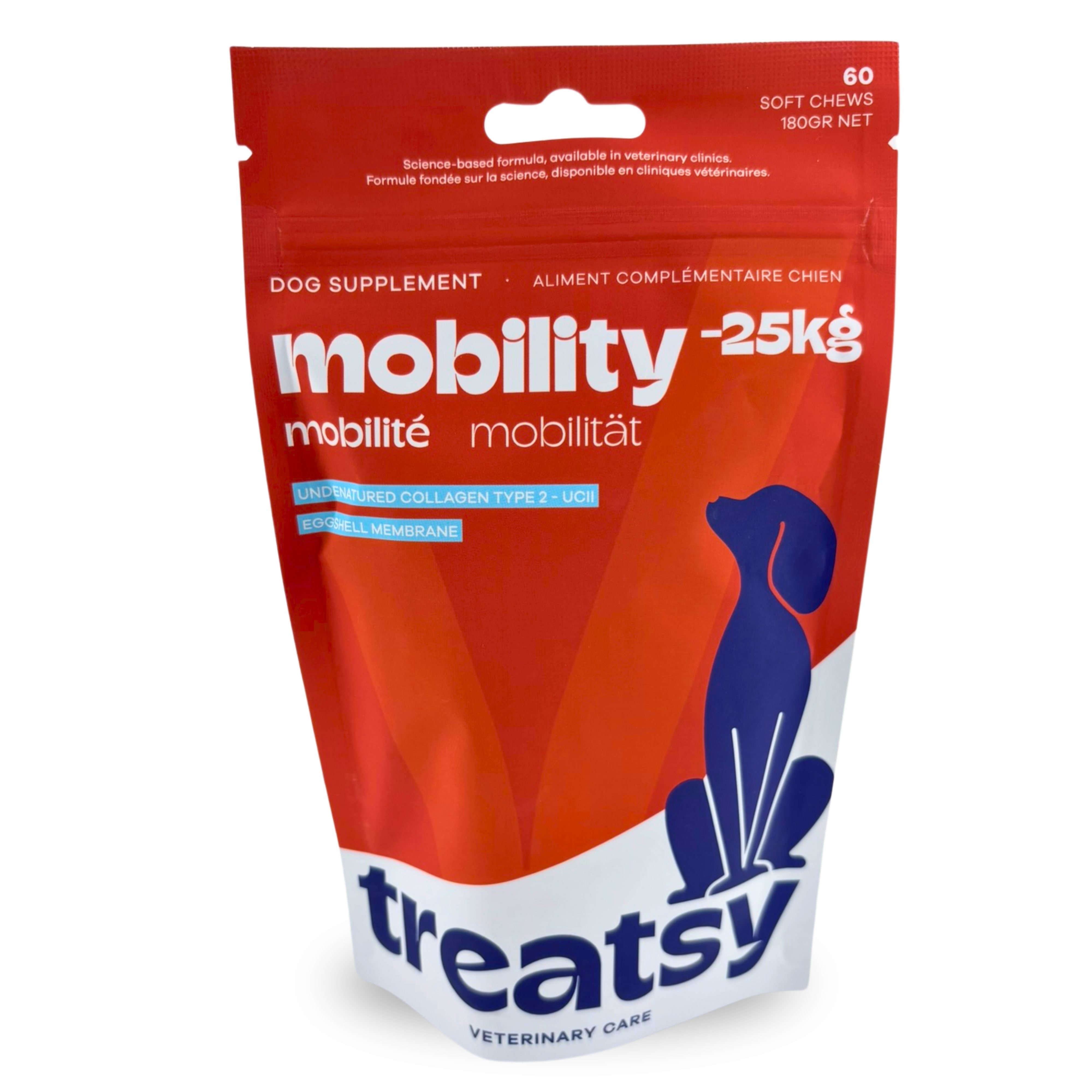 Busta rossa con "mobility" e "Treatsy". Silhouette di cane blu. 60 Soft Chews.