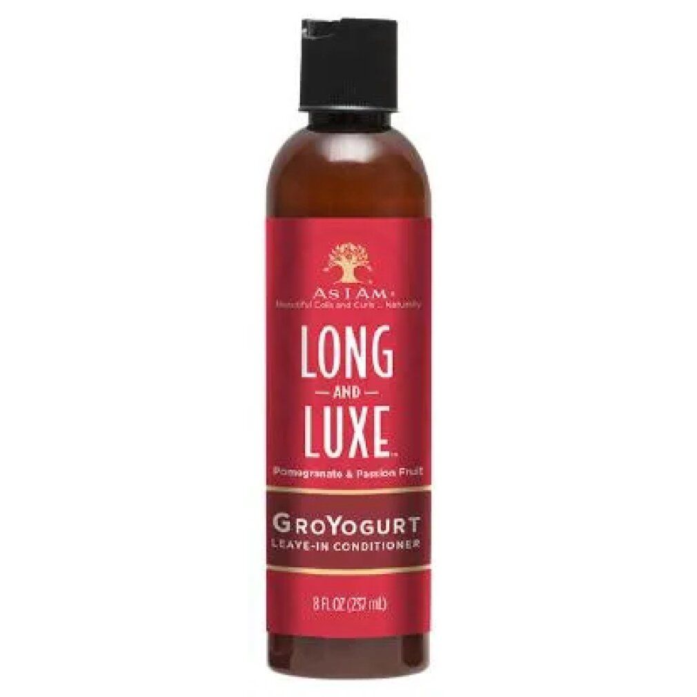 Flacone marrone con etichetta rossa. Testo: LONG AND LUXE, GroYogurt Leave-In Conditioner. Tappo nero. 8 fl oz (237 ml).