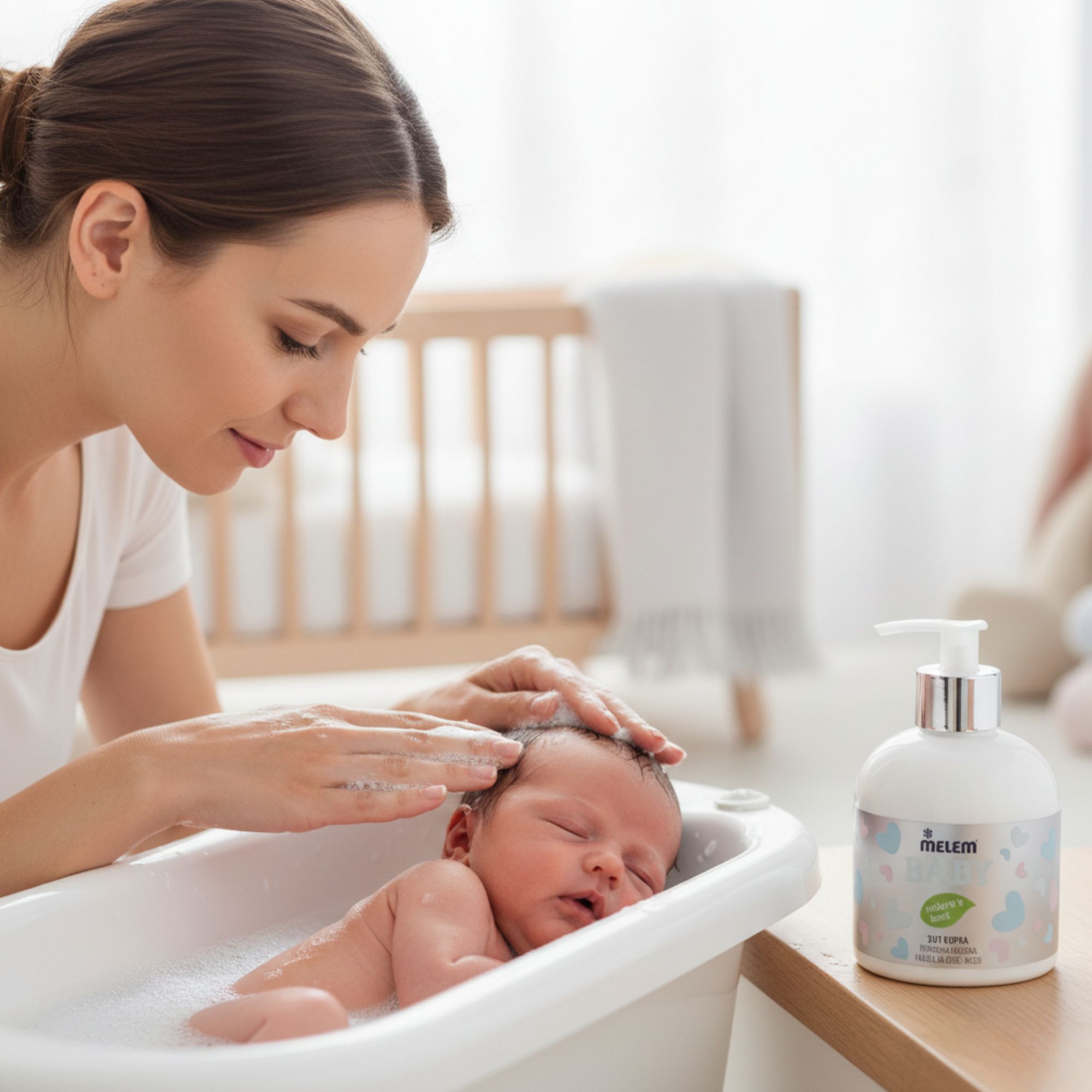 Flacone bianco con dosatore, etichetta BABY. Una donna lava delicatamente i capelli di un bambino in una vasca da bagno.