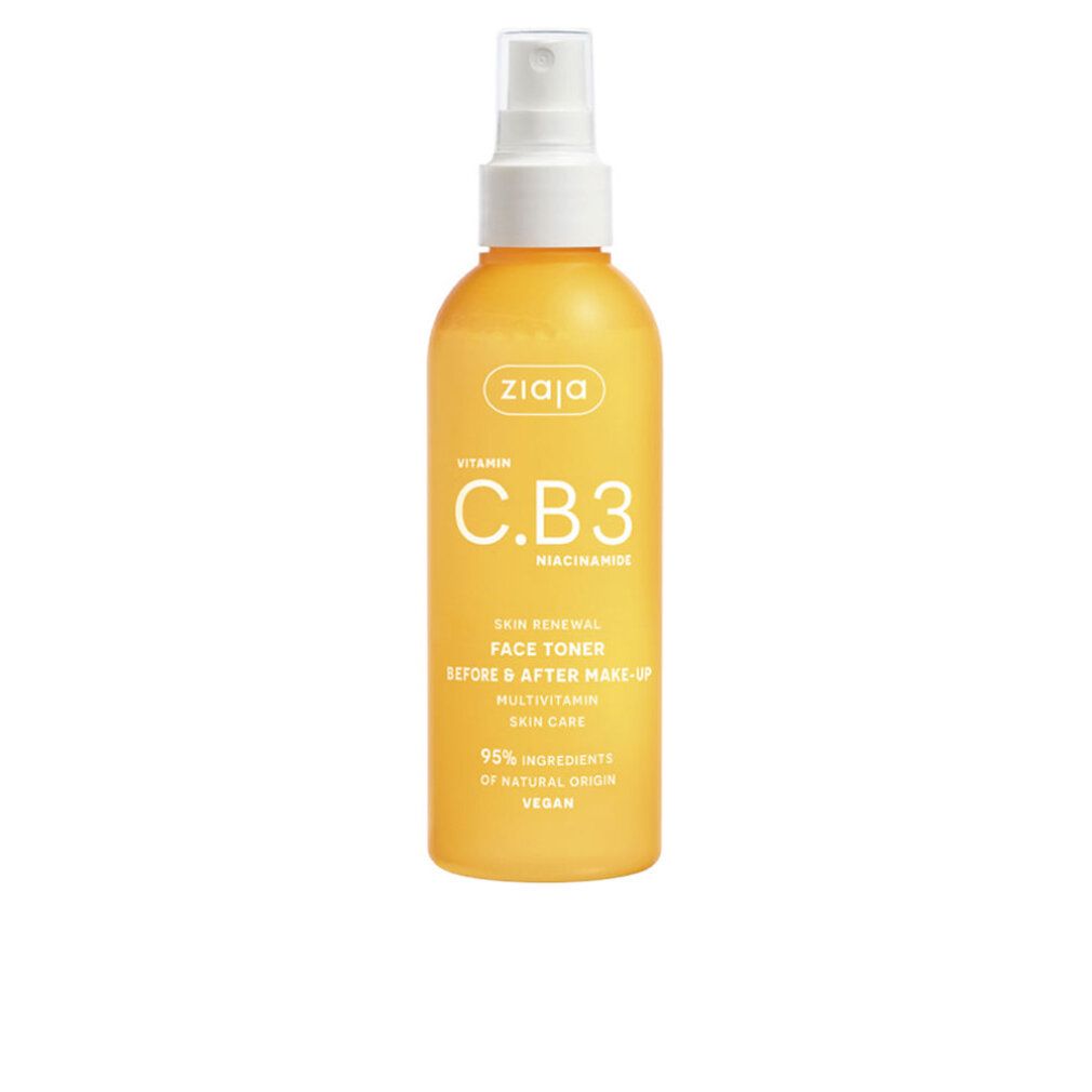 Flacone giallo con vaporizzatore bianco. Scritte: Ziaja, Vitamin C.B3, Skin Renewal Face Toner, Before & After Make-up, Multivitamin Skin Care.