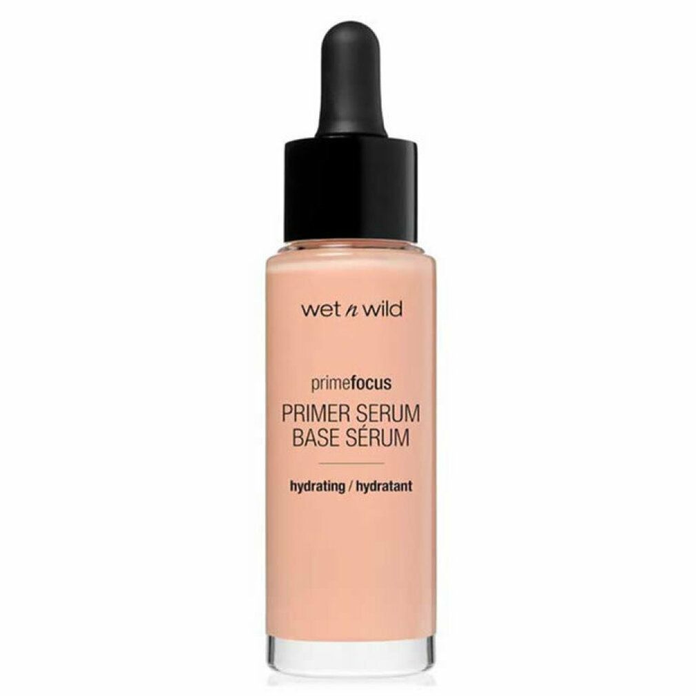 Flacone di siero con tappo nero e contagocce. Scritta: Prime Focus Primer Serum Base Sérum. Idratante.
