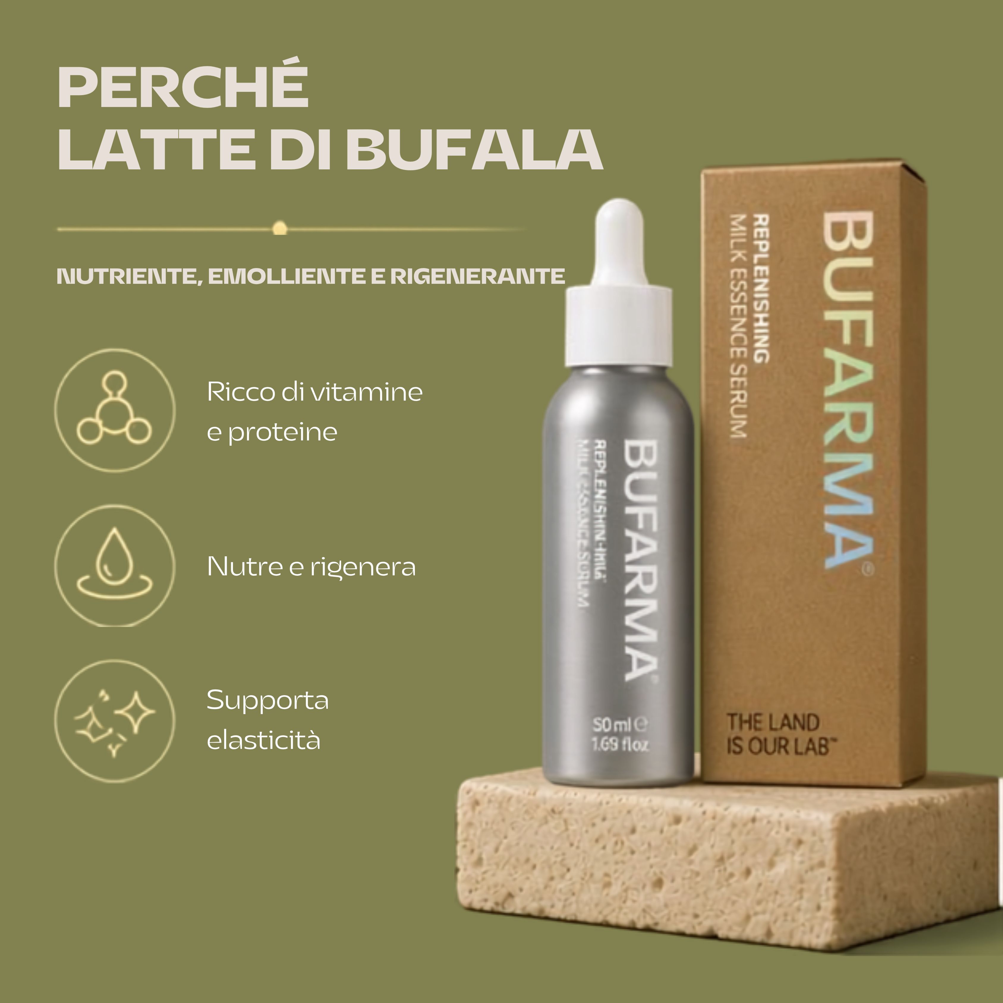 Flacone e scatola Bufarma Siero. Latte di bufala: Nutre, rigenera, supporta l'elasticità.