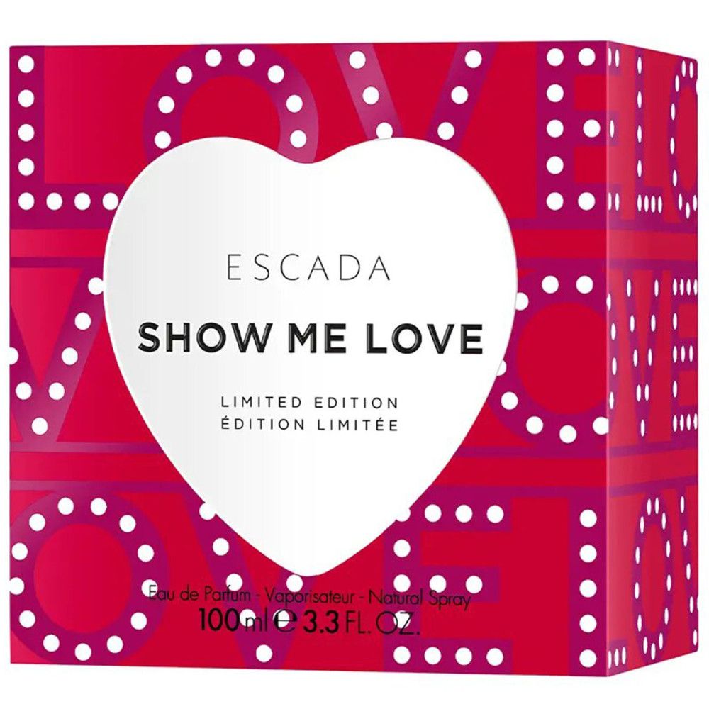 Confezione rossa con cuore bianco. Testo: ESCADA, SHOW ME LOVE, Edizione Limitata. 100ml.