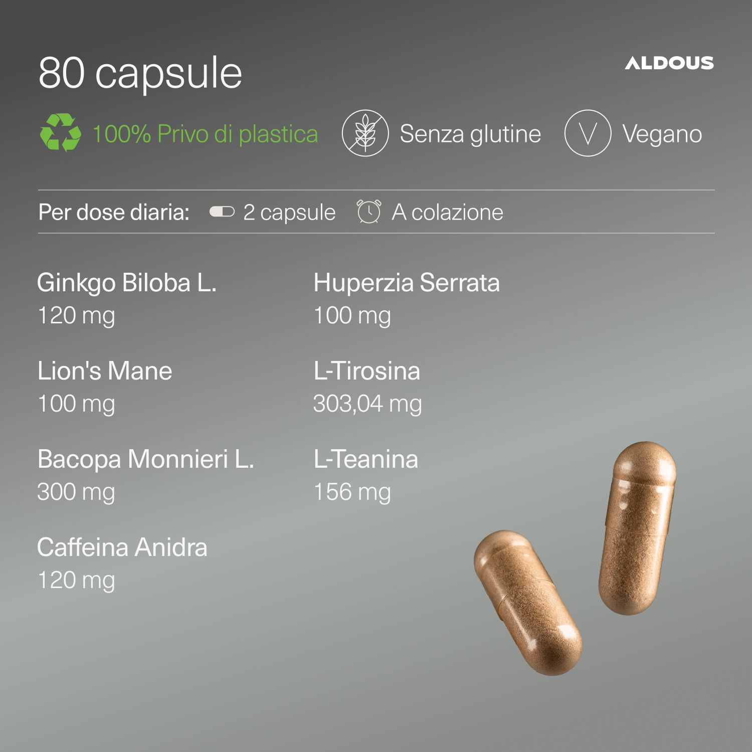 Due capsule. Scritta: 80 capsule, 100% senza plastica, senza glutine, vegano. Ingredienti e dosaggio.