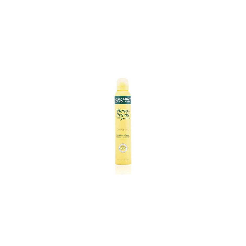 Spray deodorante giallo con scritta verde. Scritta: Heno de Pravia, Original, Deodorant Spray. Con 25% gratis.