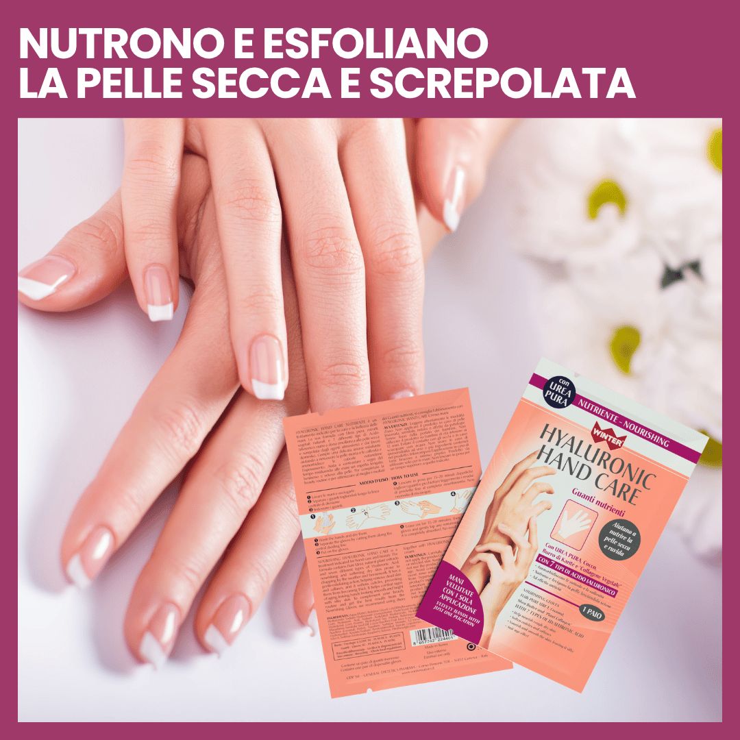 Due confezioni di Winter Hyaluronic Hand Care accanto a mani curate.