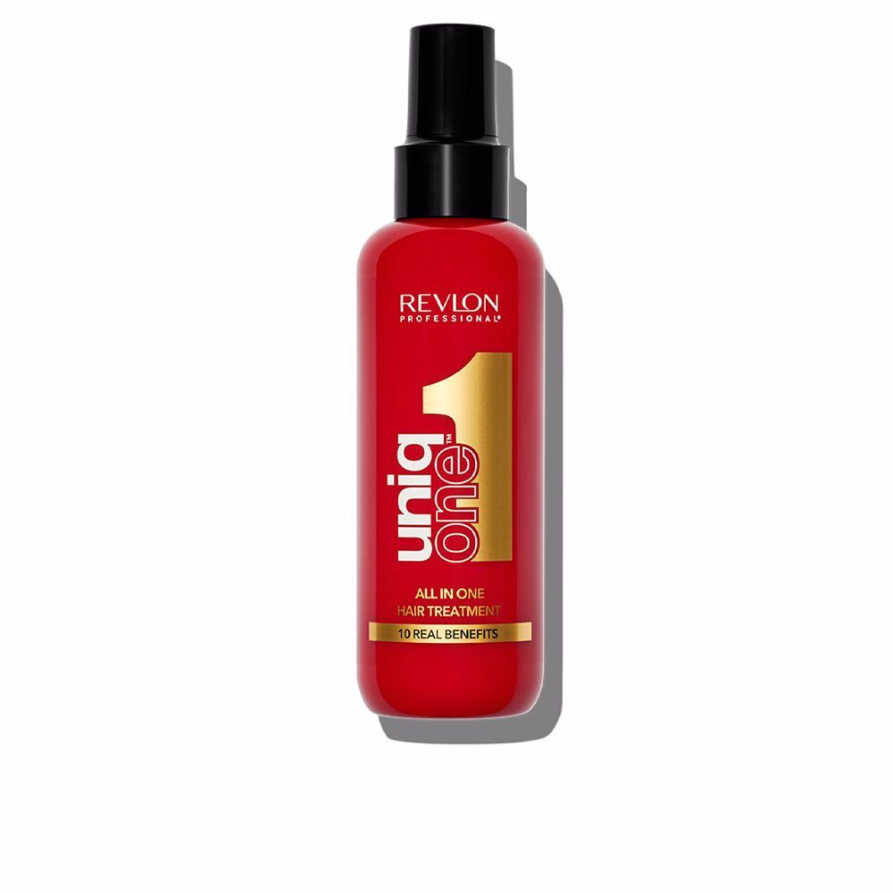 Flacone rosso con erogatore nero. Scritta: Uniq One, All in One Hair Treatment, 10 Real Benefits. Marchio: Revlon Professional.