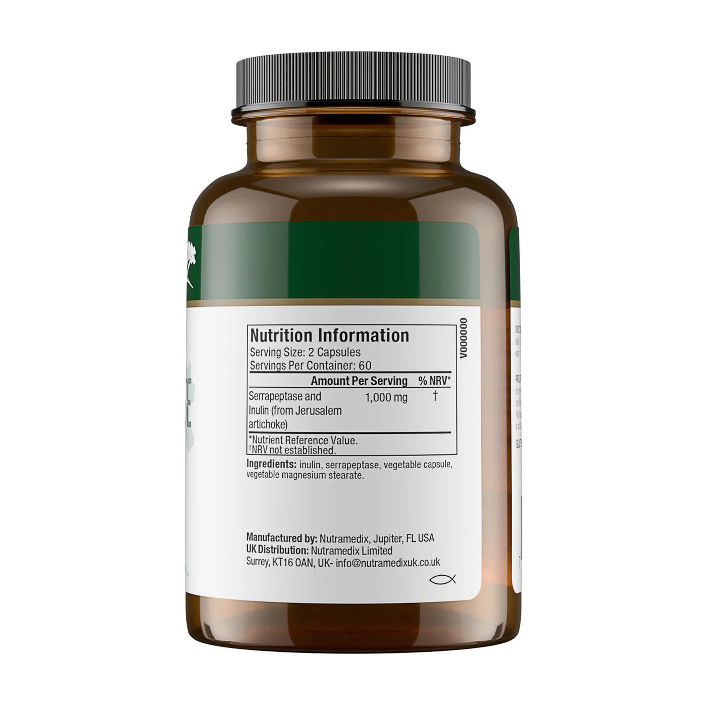 Retro del contenitore Nutramedix Serrapeptase con Inulina, con informazioni nutrizionali e dettagli del produttore.