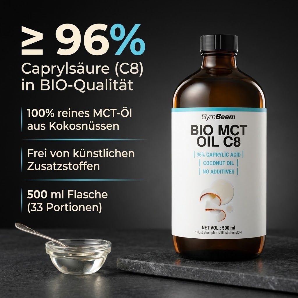 Bottiglia GymBeam BIO MCT OIL C8 (95% Acido Caprilico, Olio di Cocco) da 500 ml. Qualità BIO.
