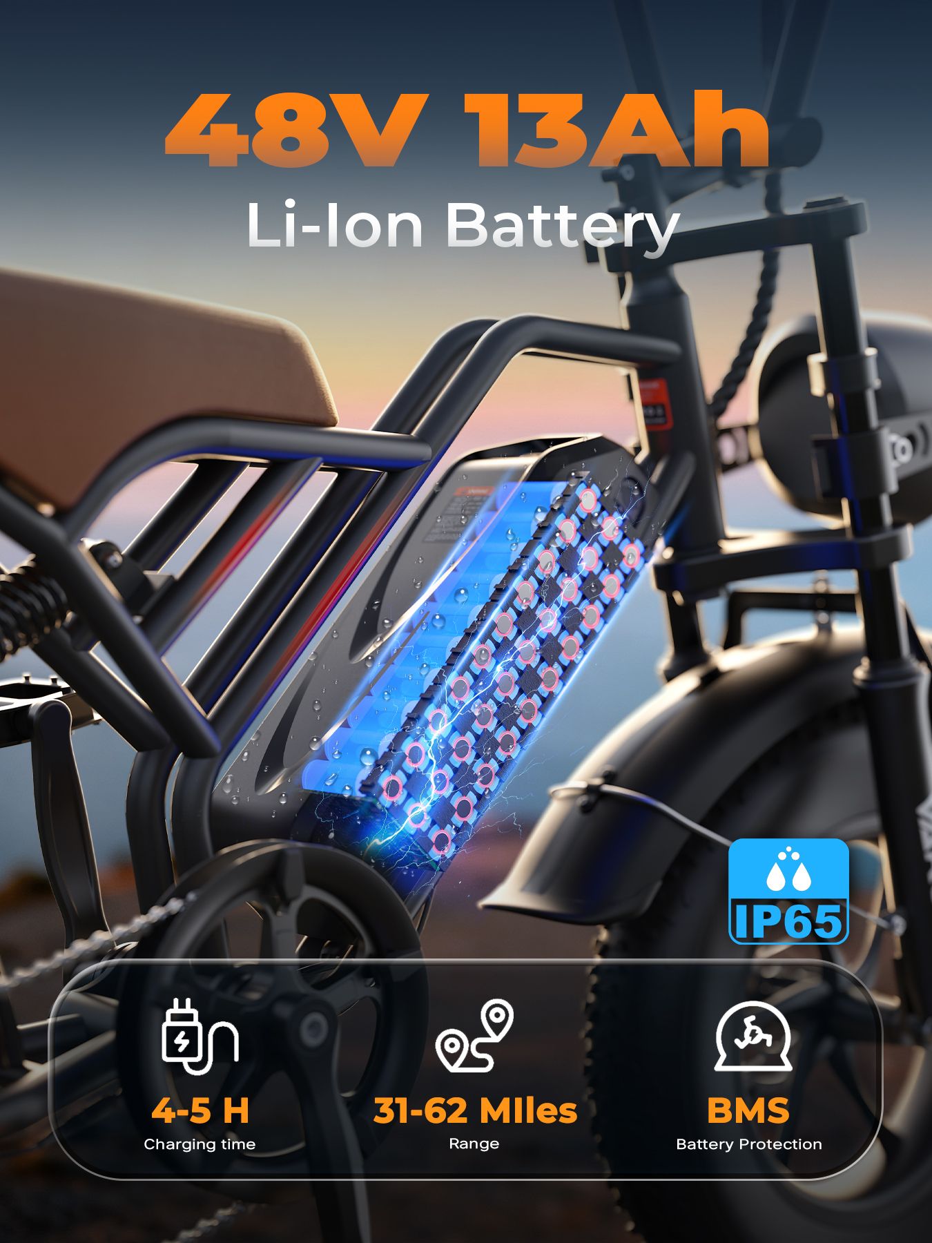 E-bike con batteria agli ioni di litio da 48V 13Ah. Tempo di ricarica 4-5 ore, autonomia 31-62 miglia, protezione batteria BMS, certificazione IP65.