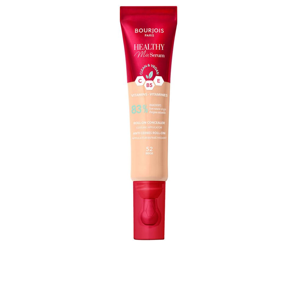 Tubo rosso Bourjois Paris, Healthy Mix Serum. Tonalità 52-Beige. Correttore fluido. Con vitamine.
