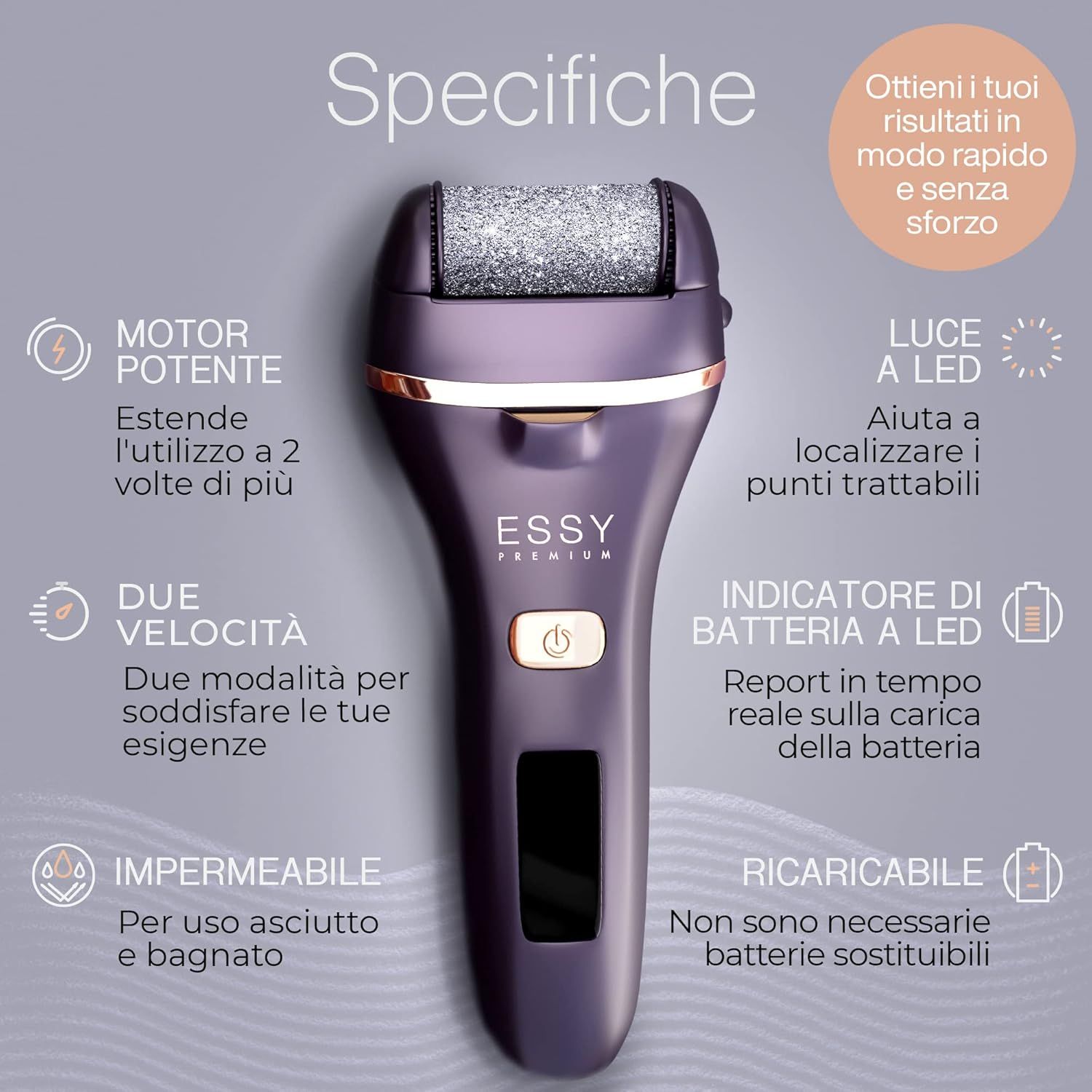 Rimuovi calli elettrico Essy con 5 rulli di ricambio – Viola