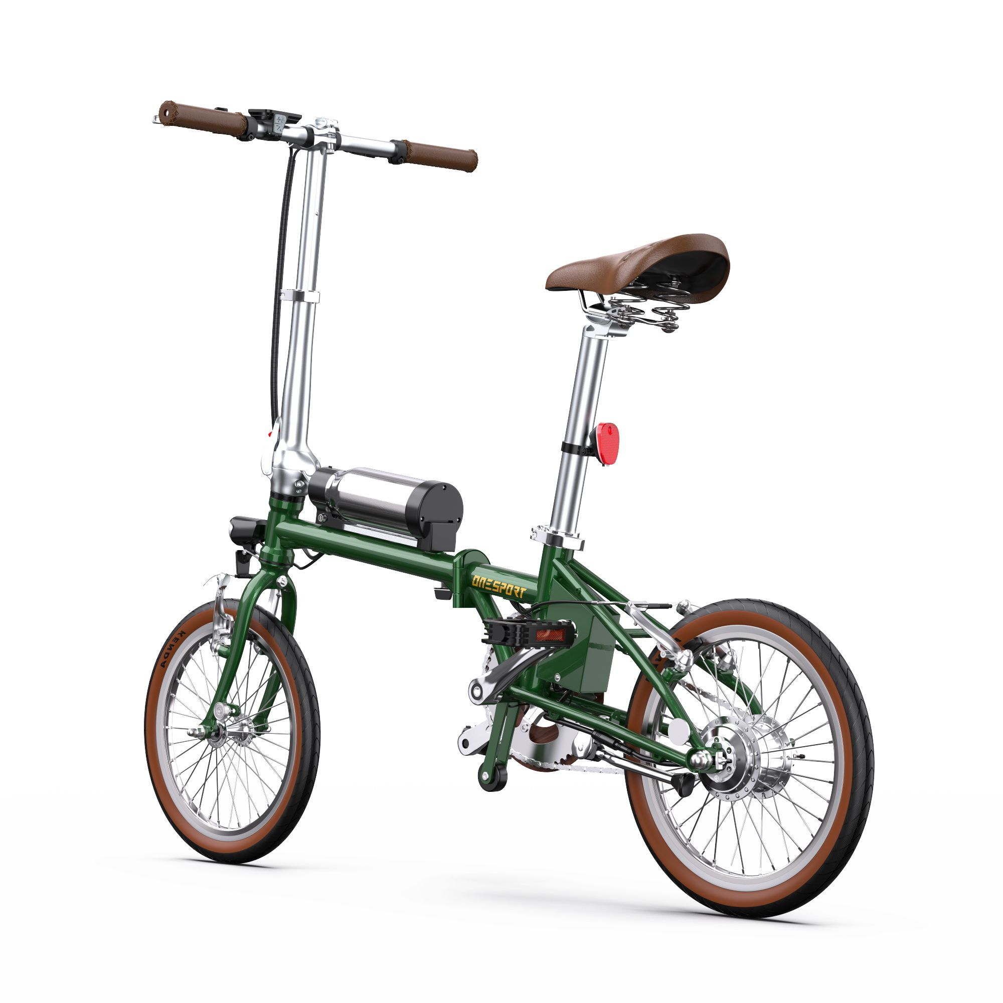E-bike pieghevole verde, pneumatici e sella marroni. Batteria e fanale posteriore visibili. Ruote da 16 pollici.
