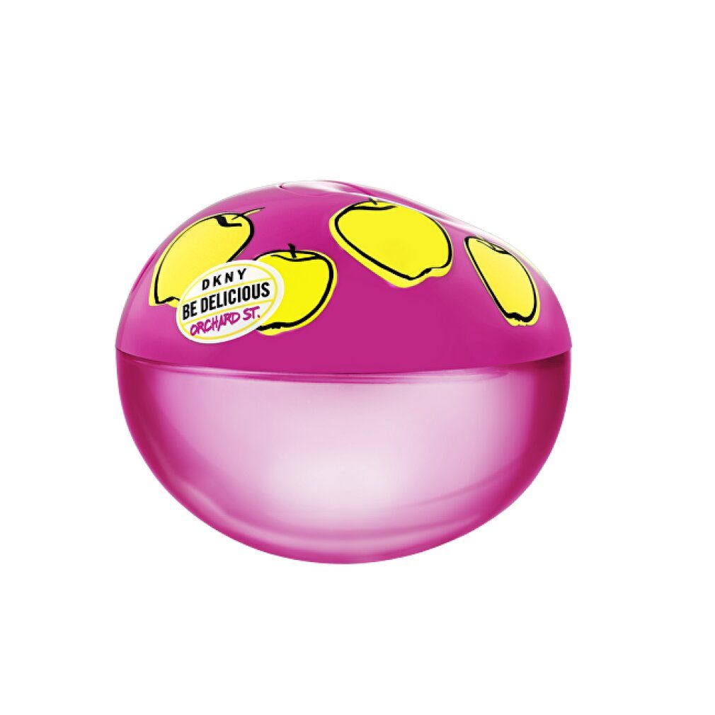 Flacone rotondo e rosa con mele gialle e scritta DKNY Be Delicious Orchard St.
