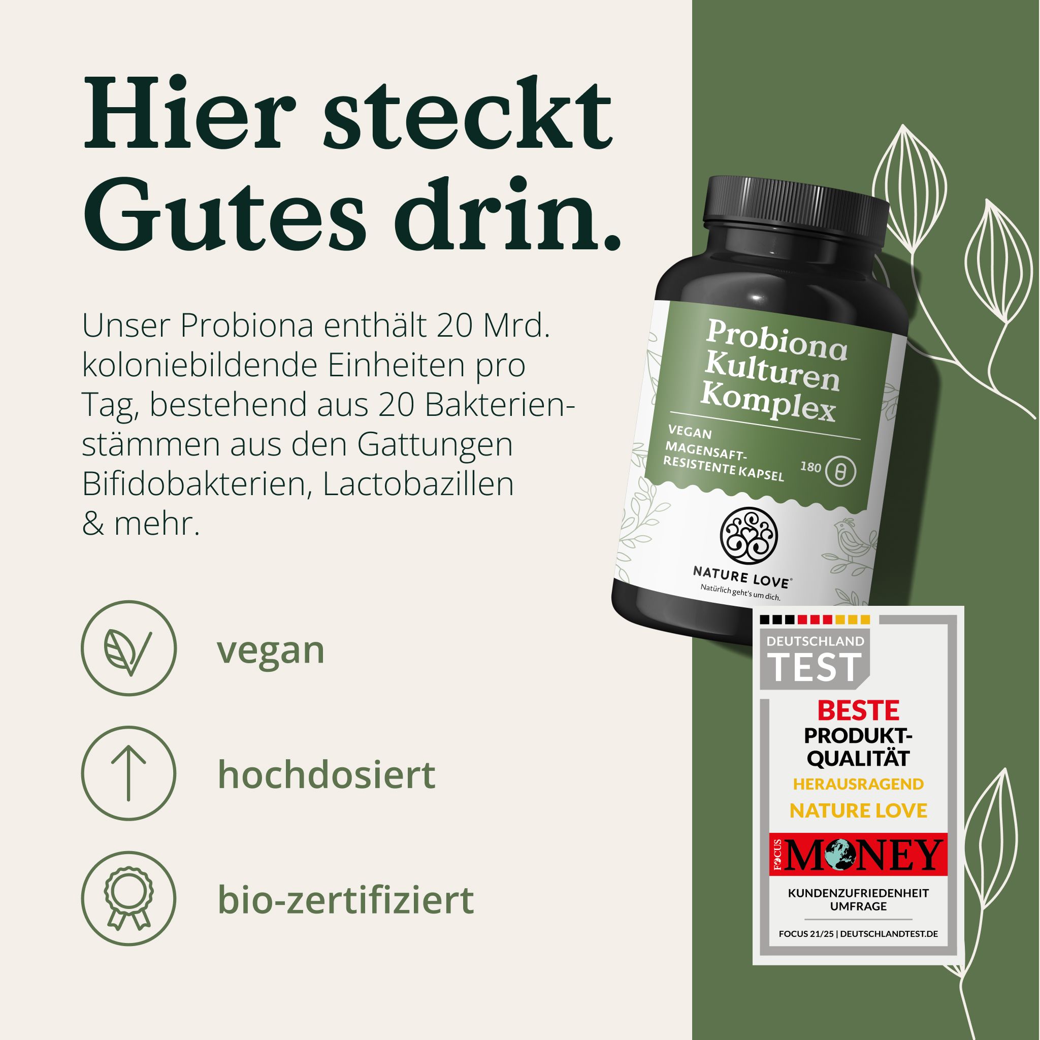 NATURE LOVE Probiona: Vegano, alta dose, bio-certificato. Flacone con sigillo 'Deutschland Test'.