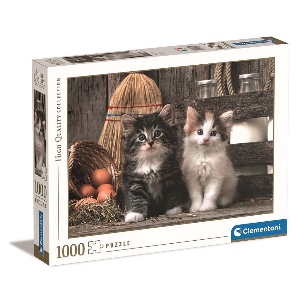 Puzzle Clementoni, 1000 pezzi. Immagine: due gattini davanti a sfondo in legno. Confezione.