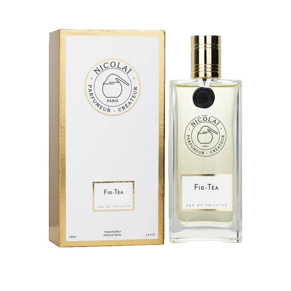 Flacone di profumo e confezione. Flacone rettangolare con tappo dorato. Confezione con bordo dorato e logo.