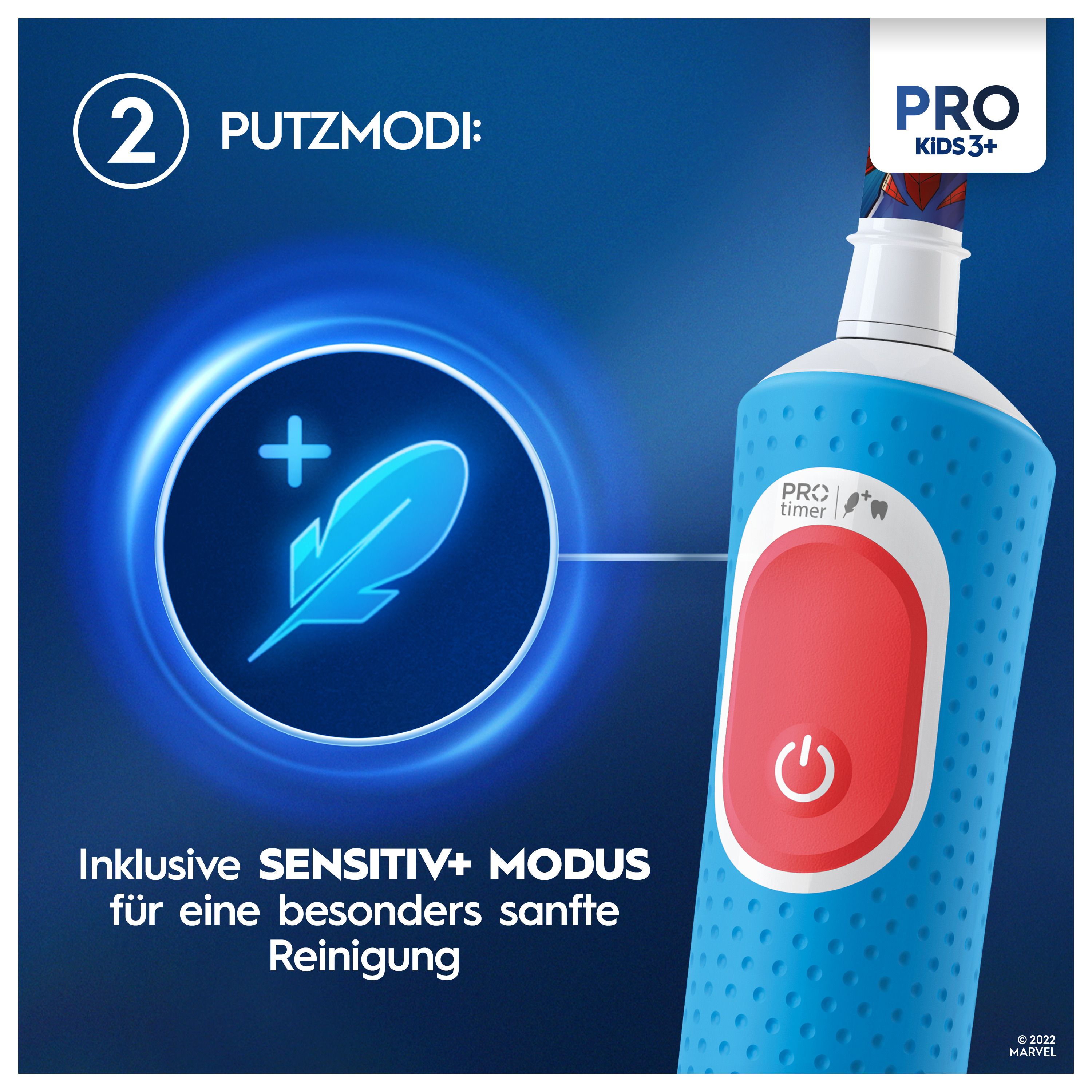 Primo piano dello spazzolino elettrico Oral-B Vitality Pro Kids. Testina blu con modalità Sensitiv+. Pulsante di accensione/spegnimento rosso.