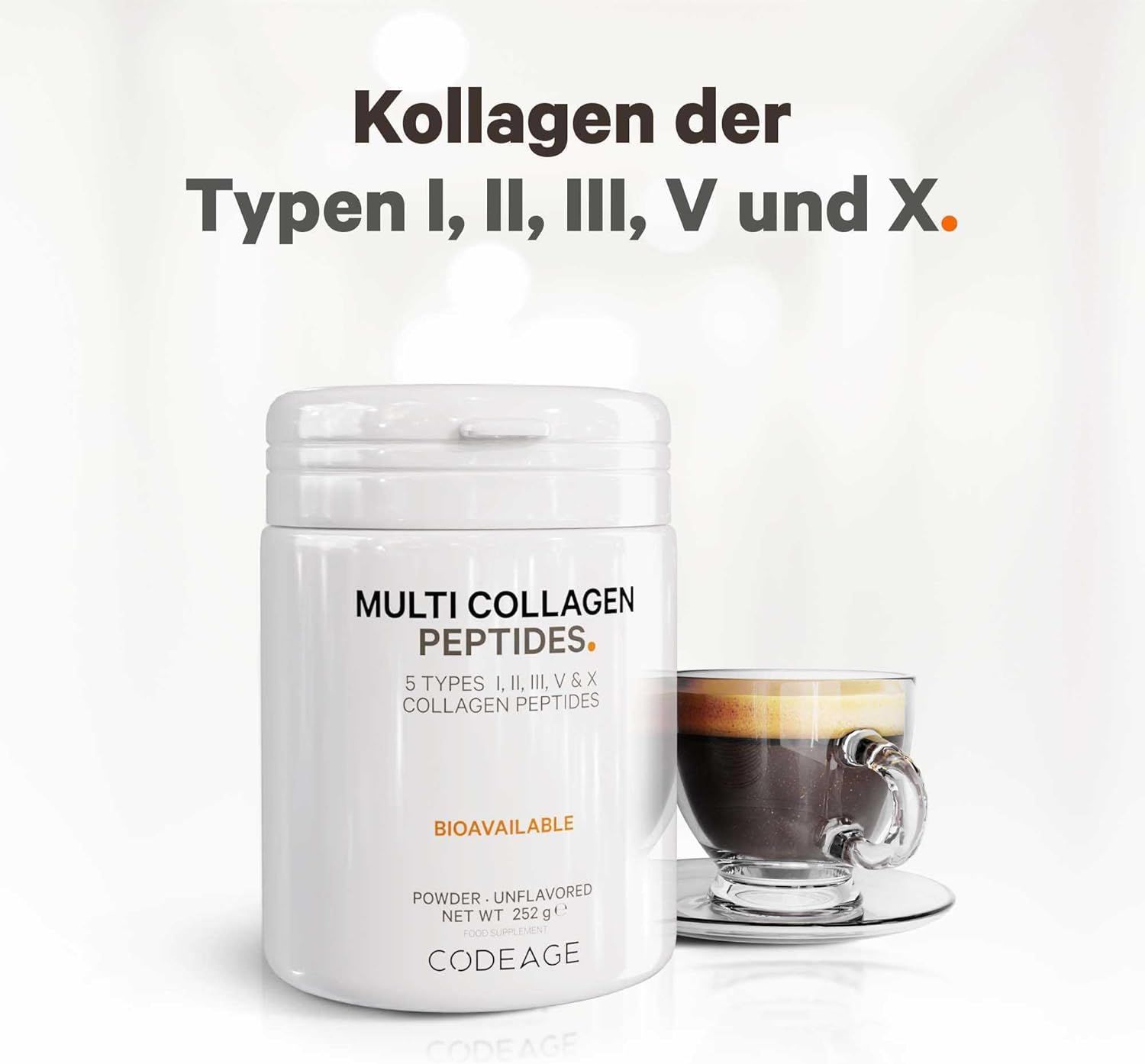 Contenitore di polvere bianca 'Multi Collagen Peptides'. Contiene 5 tipi di collagene. Marchio: Codeage. Con caffè.