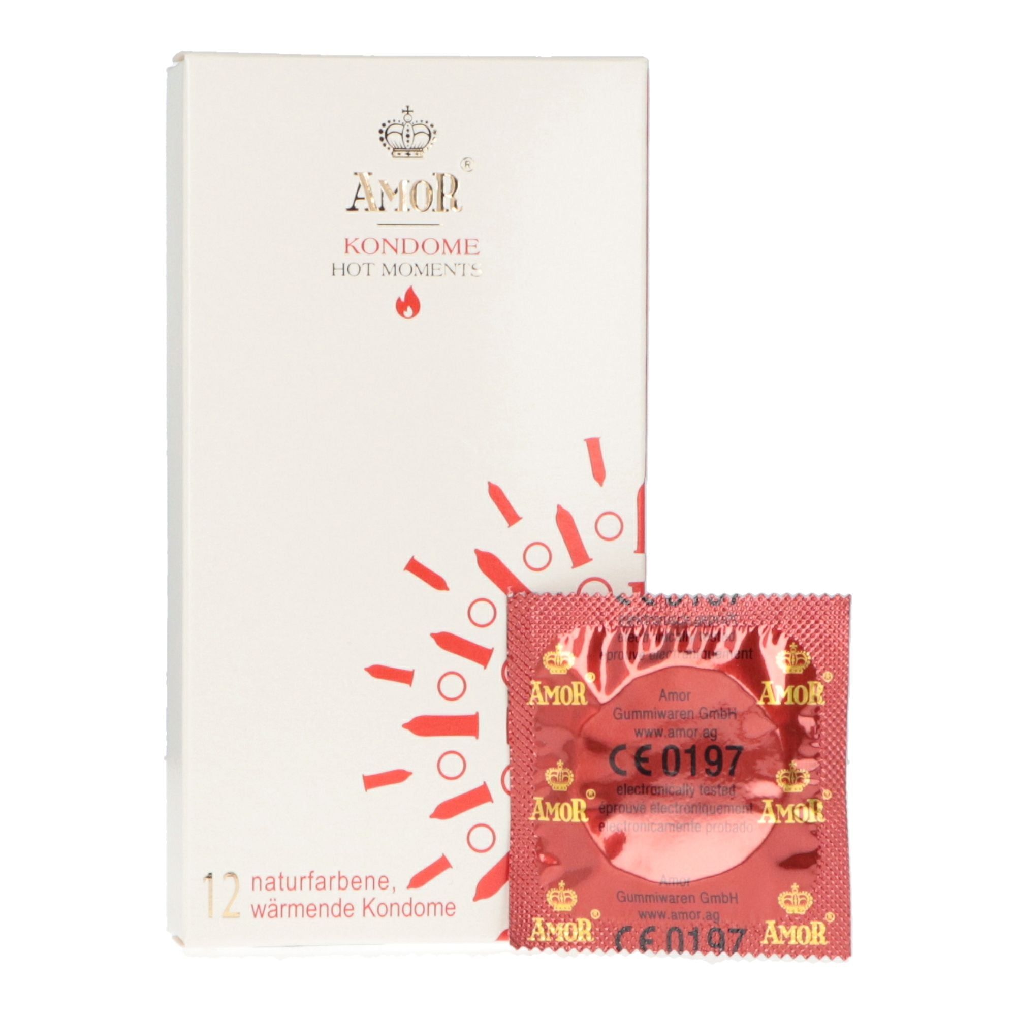 Scatola e confezione singola di preservativi. Scritta AMOR, KONDOME HOT MOMENTE. Confezione singola rossa, marchio CE.