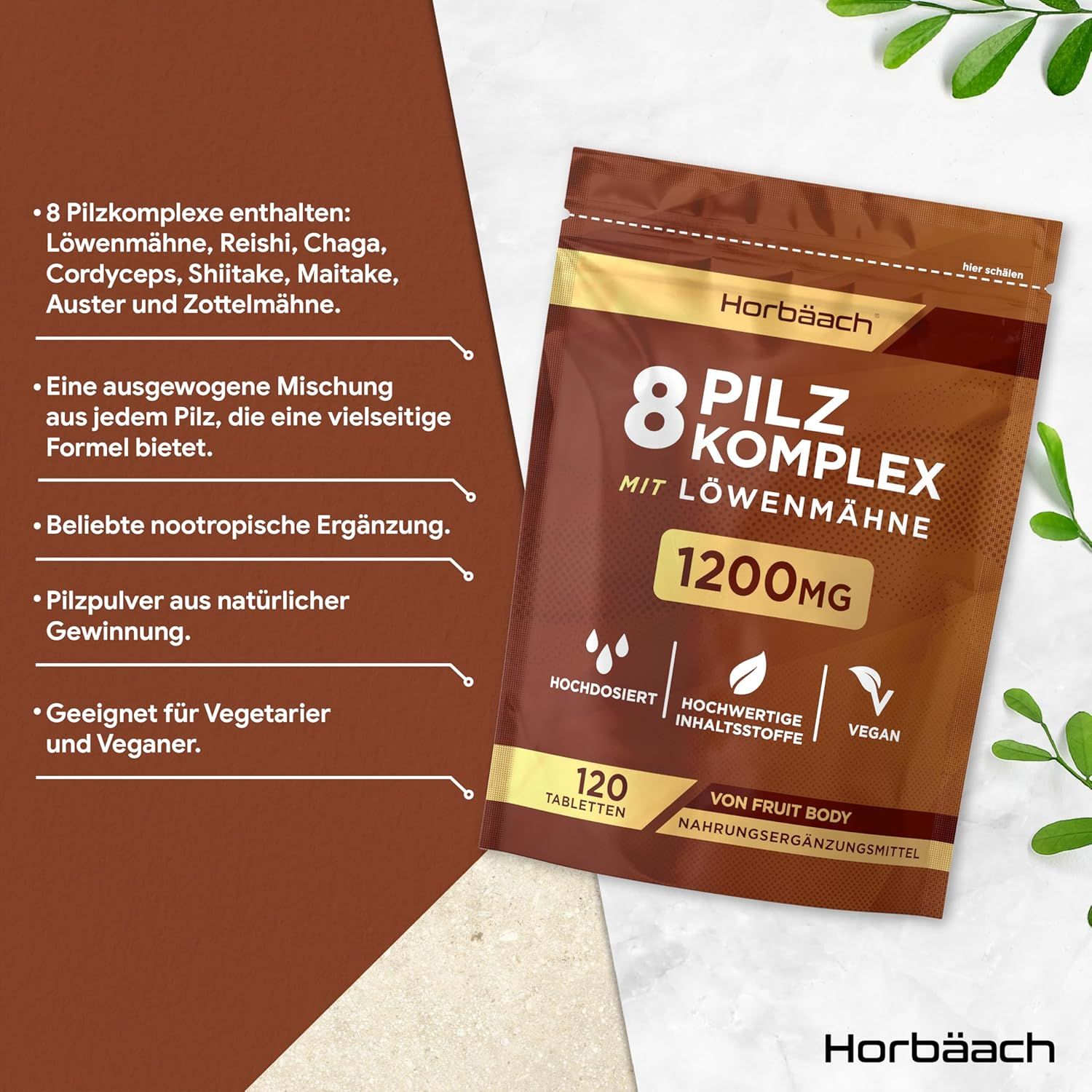 Busta marrone Horbaach 8 Pilz Komplex. 120 compresse, 1200mg. Dosaggio elevato, ingredienti di qualità, vegano.
