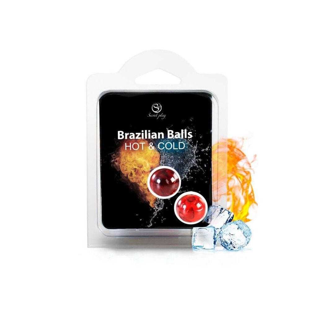 Confezione con due palline rosse. Scritta: Brazilian Balls HOT & COLD. Immagini di fuoco e cubetti di ghiaccio.