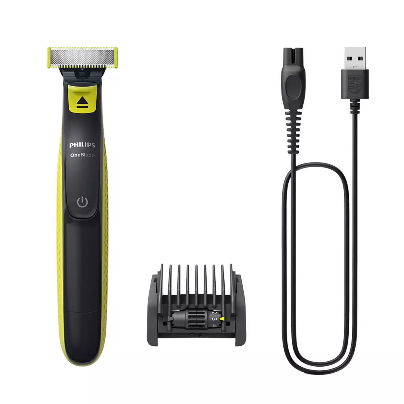 Regolabarba nero-giallo, con accessorio e cavo di ricarica. Philips OneBlade.