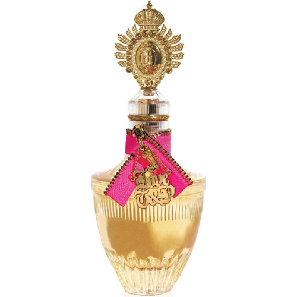 Flacone di profumo con tappo dorato e fiocco rosa. Flacone con dettagli dorati.