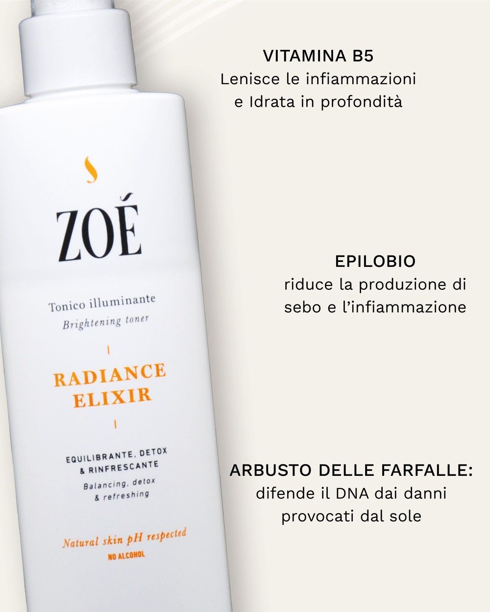 Flacone spray bianco con etichetta prodotto. Testo: ZOE, RADIANCE ELIXIR, Tonico illuminante. Testo aggiuntivo.
