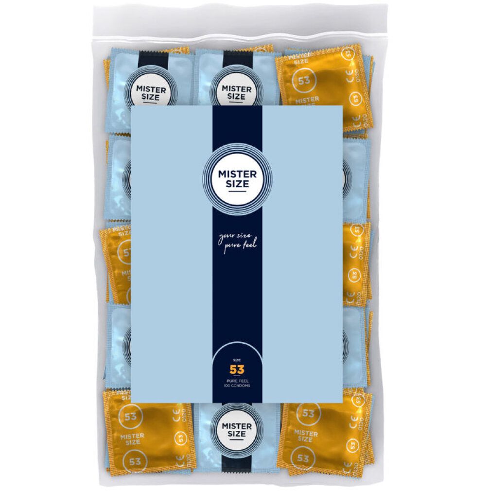 Confezione di preservativi. Incarti blu e oro. Scritta: Mister Size, 53.