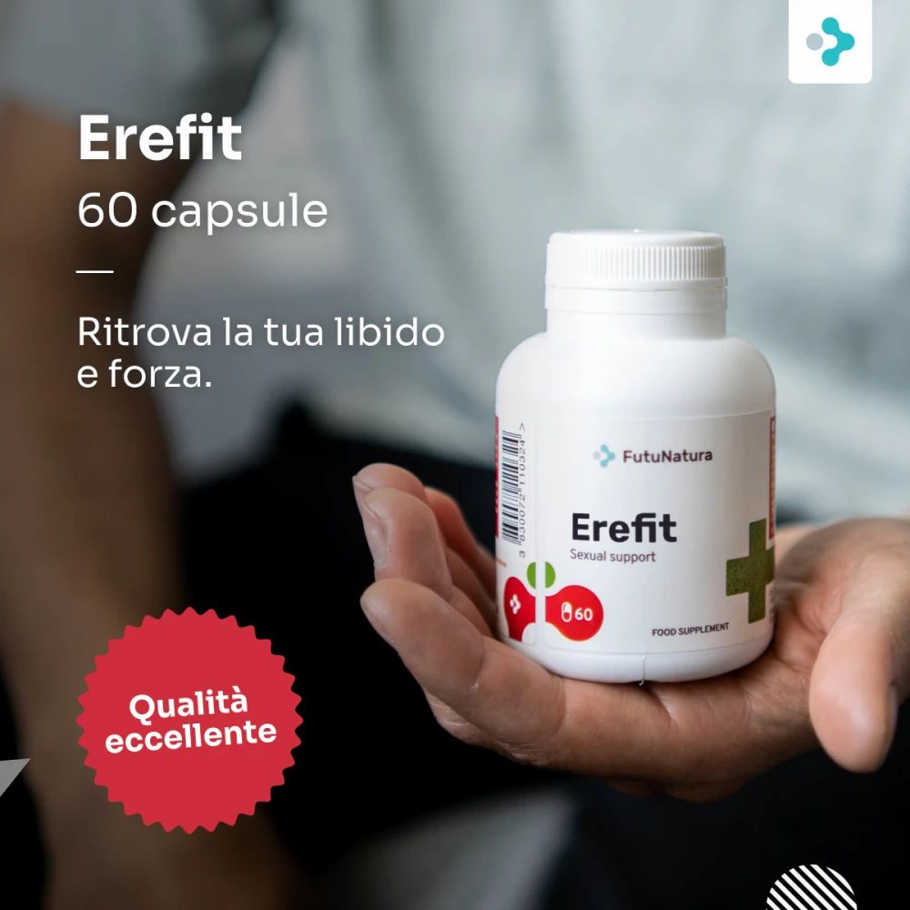 Flacone FutuNatura Erefit in mano. 60 capsule. Cerchio rosso con testo. Sfondo sfocato.