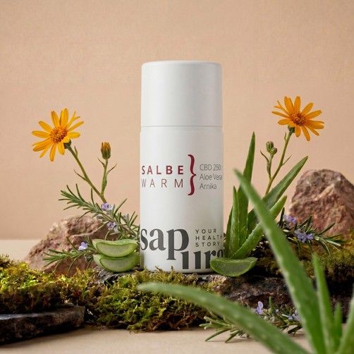Tubetto bianco di Salbe Warm, circondato da aloe vera e fiori.