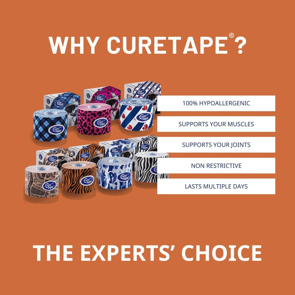 Diversi rotoli di CureTape. Motivi: blu, rosa, bianco, tigre. Caratteristiche: ipoallergenico, supporta muscoli e articolazioni, non restrittivo, dura diversi giorni.