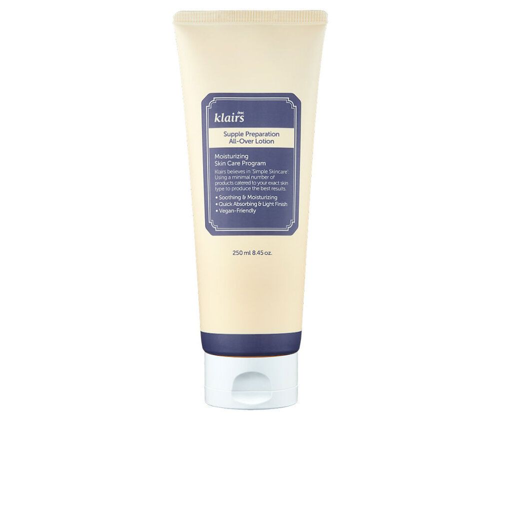 Tubo beige con etichetta blu. Testo: klairs, Supple Preparation All-Over Lotion. 250ml.